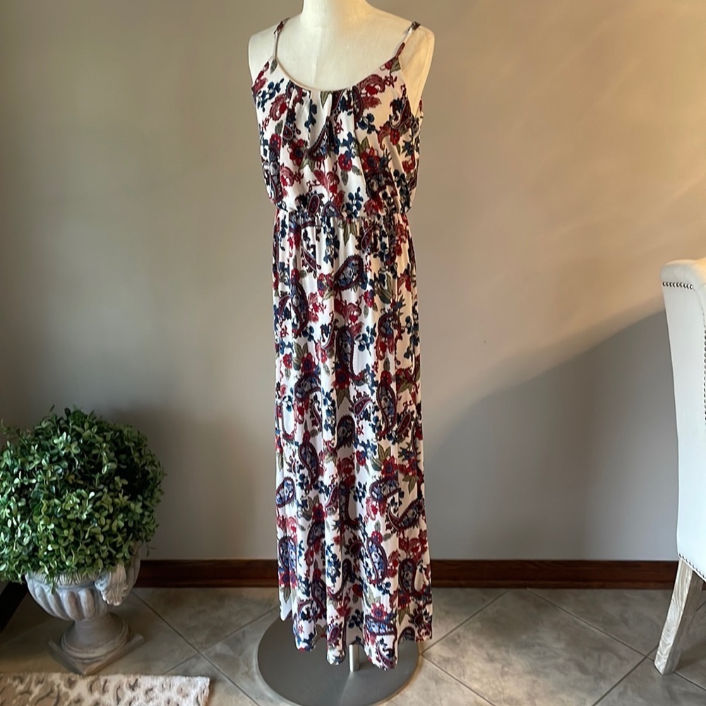 Naïf women’s long sundress floral paisley print on white flowy blouse top part L